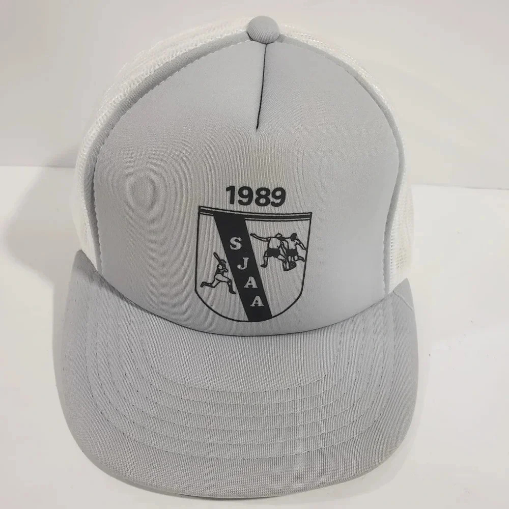 1989 San Juan Alumni Association Mens Gray/White Mesh Snapback Trucker Hat.